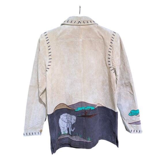 Vintage 80s Leather Jacket Sz S Tan Western Safari Whimsical Animal Patchwork - Picture 2 of 8